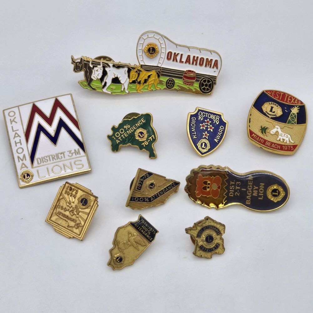 1970s Vintage Lot of 10 Lions Club Lapel Pins 100% Attendance Oklahoma West TX